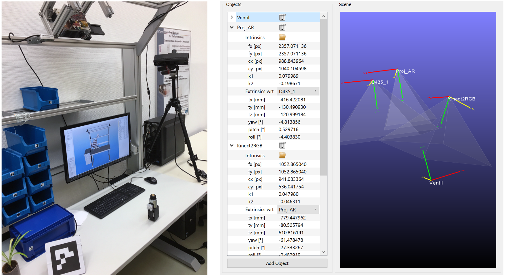 Demonstrator of an assembly workstation at ZBS e. V. (left). The assembly worker's actions are verified by tracking their hands with multiple cameras and comparing the results against an assembly process plan. The sensor system consists of a time-of-flight camera for person detection, three active stereo cameras for component recognition and hand tracking, and a projector for augmented reality overlay. The illustration on the right shows the calibrated assembly components as displayed in the software frontend (v. 2.10.15) of 3D-EasyCalib™.