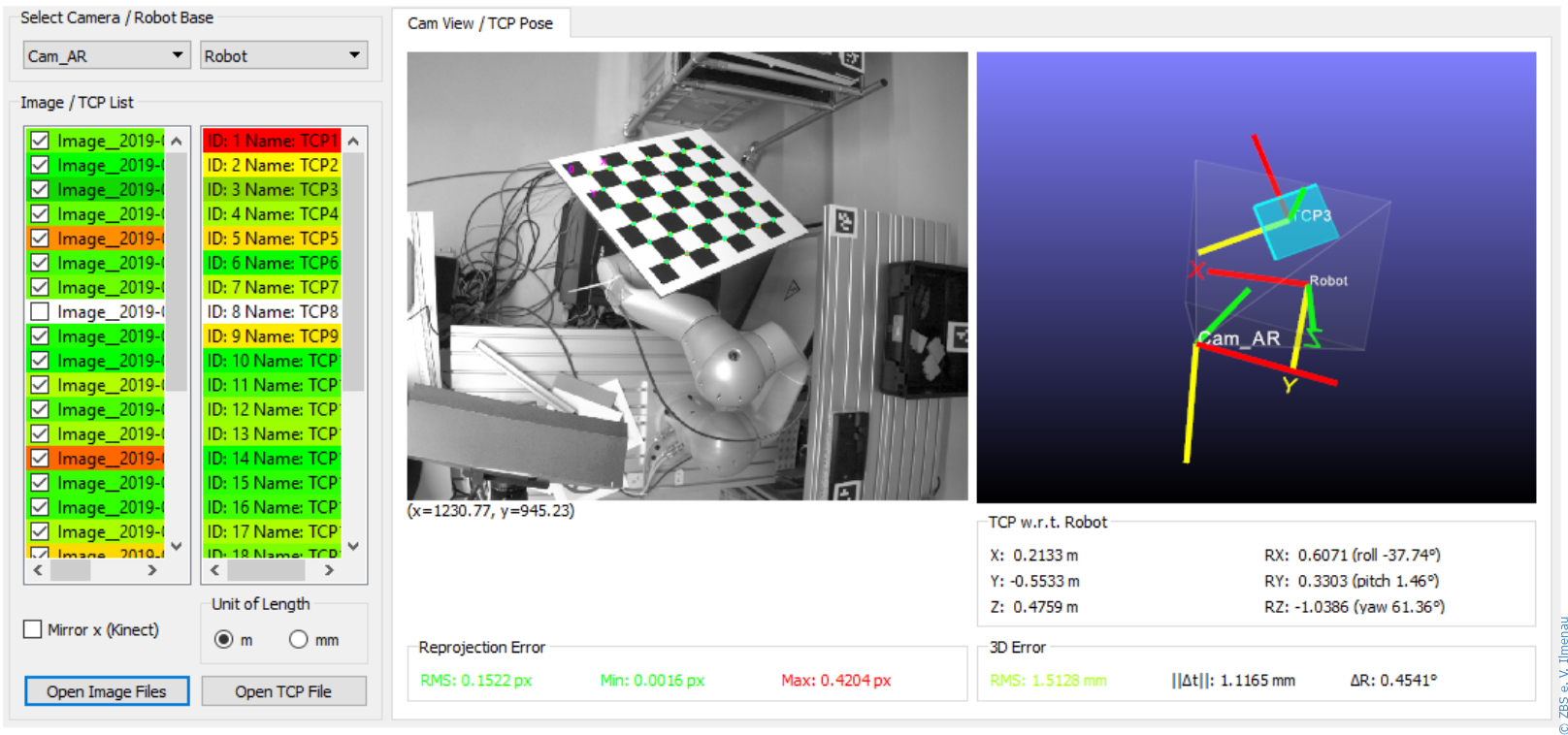 User interface (v. 2.10.15) for robot-to-world and tool-to-flange calibration. The left column shows the individual camera images with colour-coded reprojection errors. In the adjacent column, the TCP poses are colour-coded according to the 3D error. The selected image is displayed in the centre, and the calibration components are shown in 3D on the right.