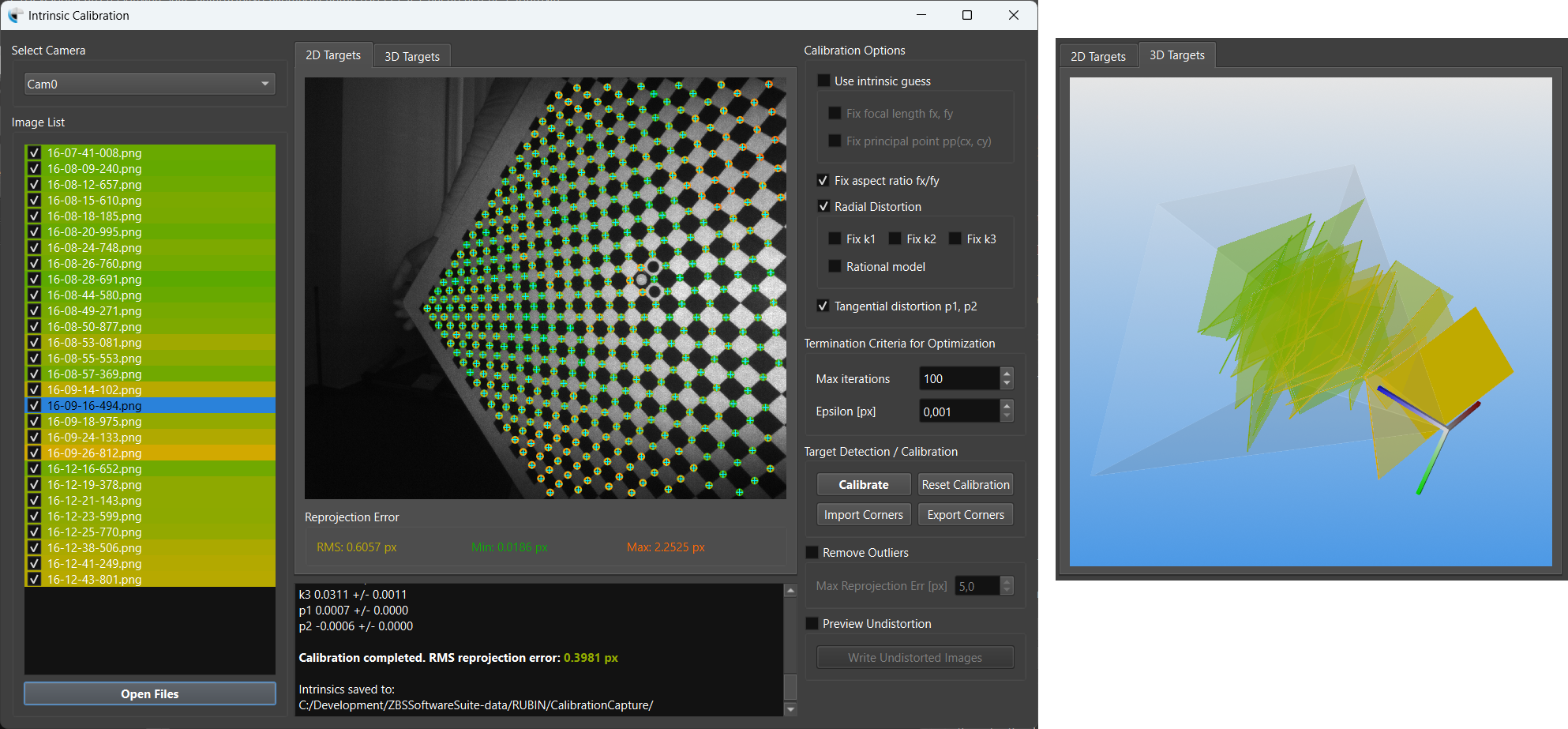 Intrinsics calibration with 3D-EasyCalib using a chessboard target with circular markers.