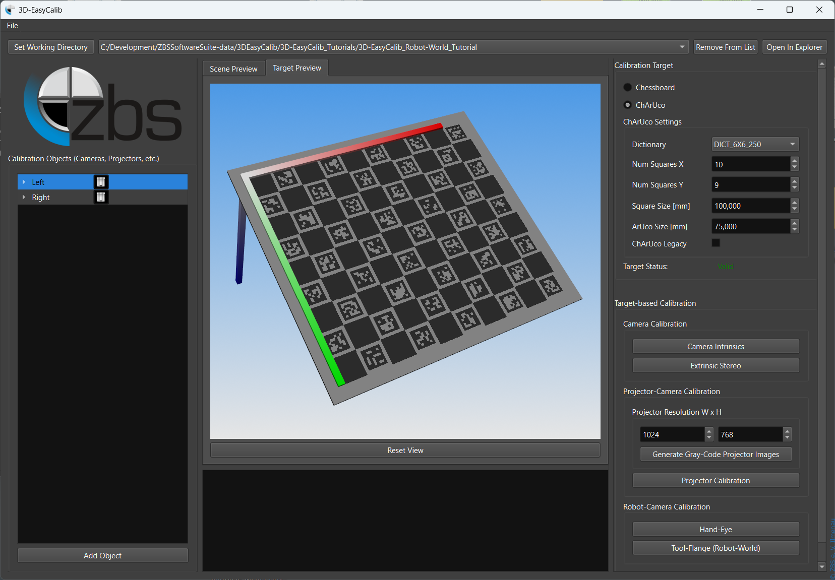 Target setup and live target visualization in the main window of 3D-EasyCalib™. Multiple target types are supported, a ChArUco target is shown here.